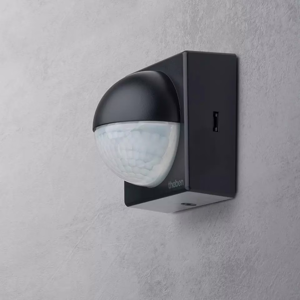Motion detector for wall mounting, light control, 180°, max. 12 m, black, IP 55