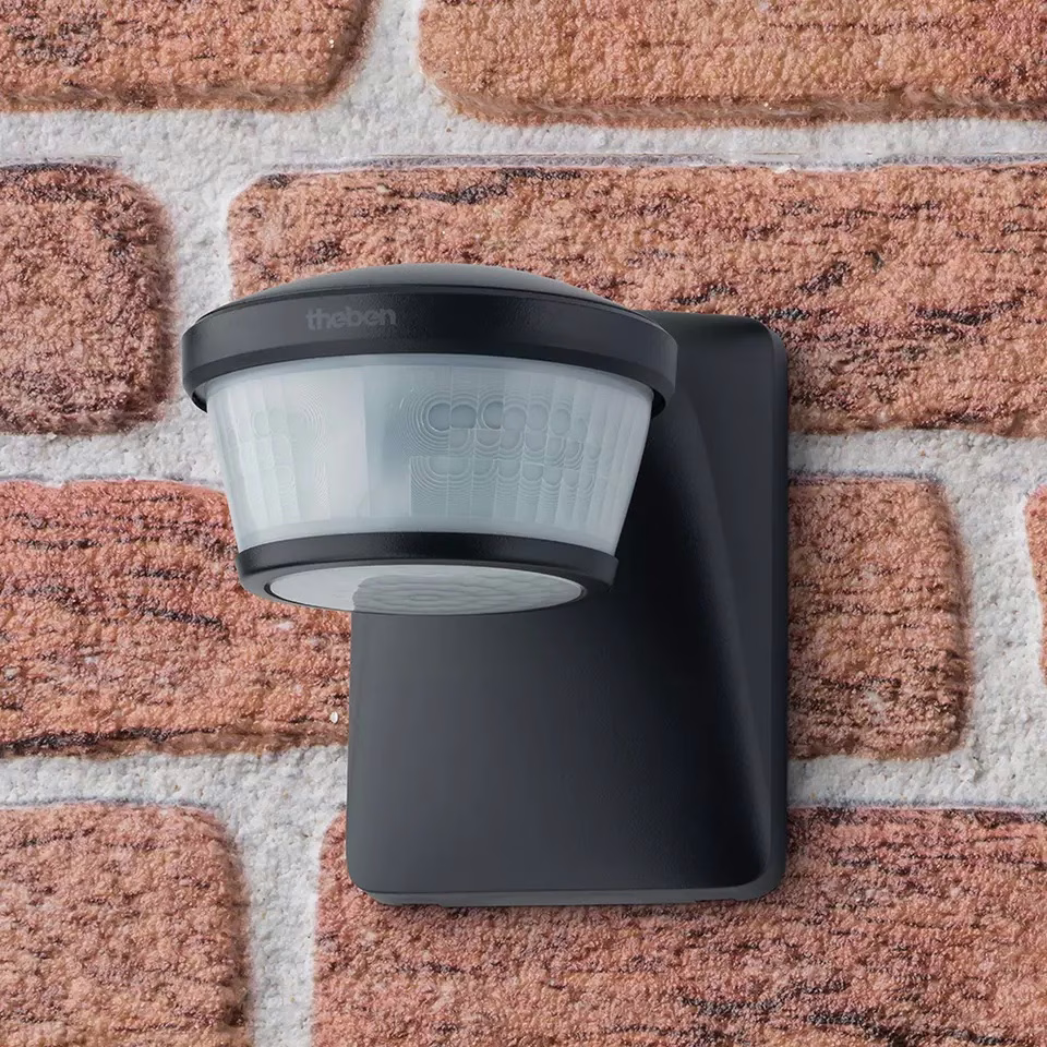 KNX motion detector for wall, ceiling, or corner mounting, black, 300°, max. 16 m, IP 55