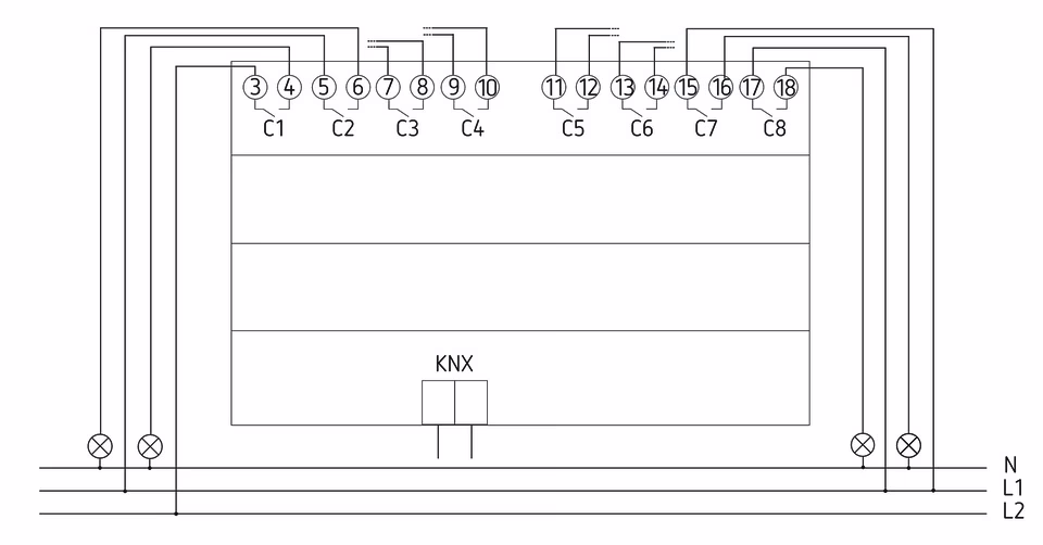 KNX switch actuator, 8 channels, 25 A, C load